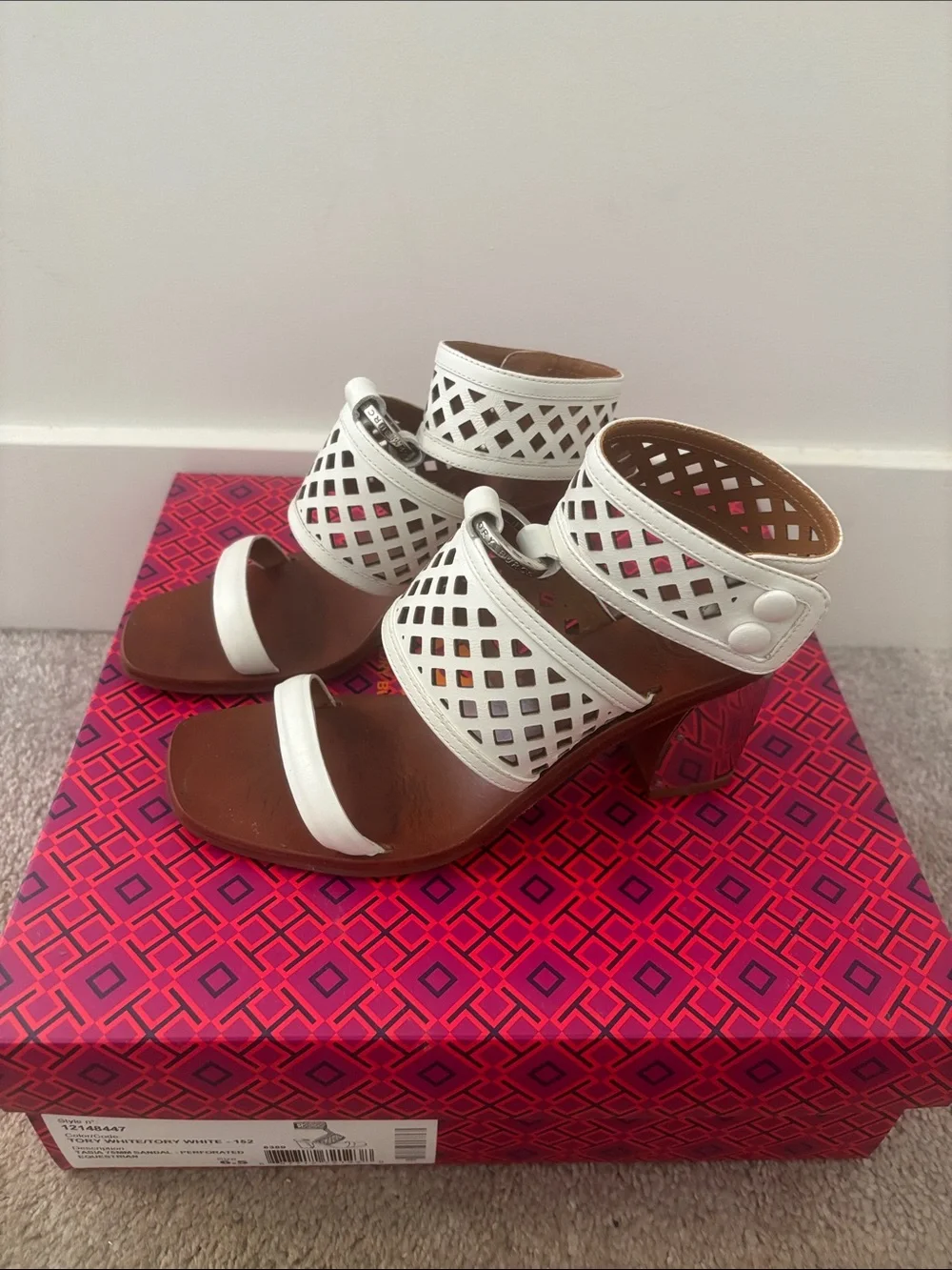 Tory Burch White Perforated Leather Block Heel Sandals